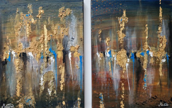 Zwei 30 x 40 cm-Tafeln, Blattgold und Vertikal-Drips: rhythmischer Kern der Frühphasen-Serie. Als Set exklusiv erhältlich.