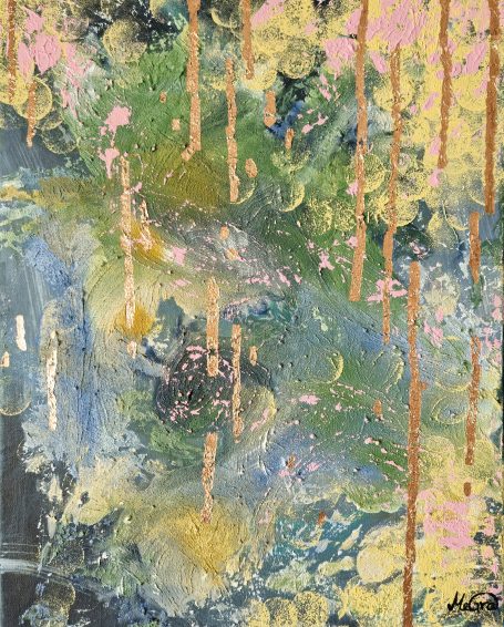 Roségold-Drips auf Moosgrün: Brücke von der frühen Baustelle zum heutigen Stil. Original auf Leinwand, nur einmal verfügbar.